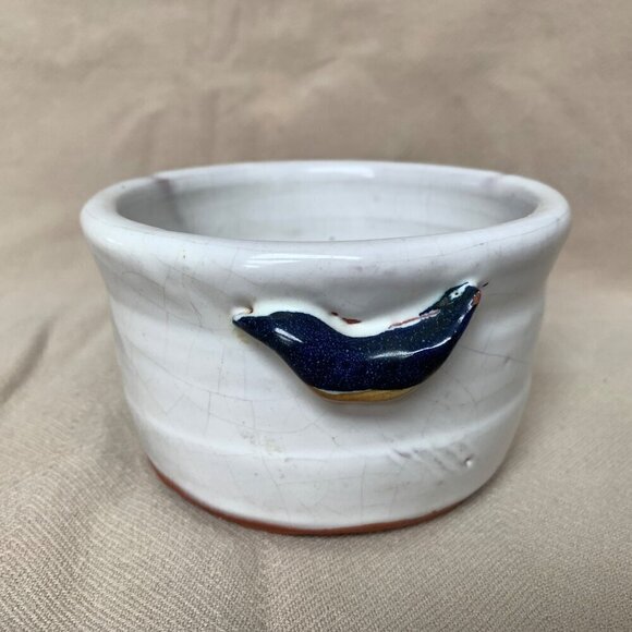 Vintage Handmade Pottery Small Bowl With Blue Birds on Sides - Picture 2 of 9